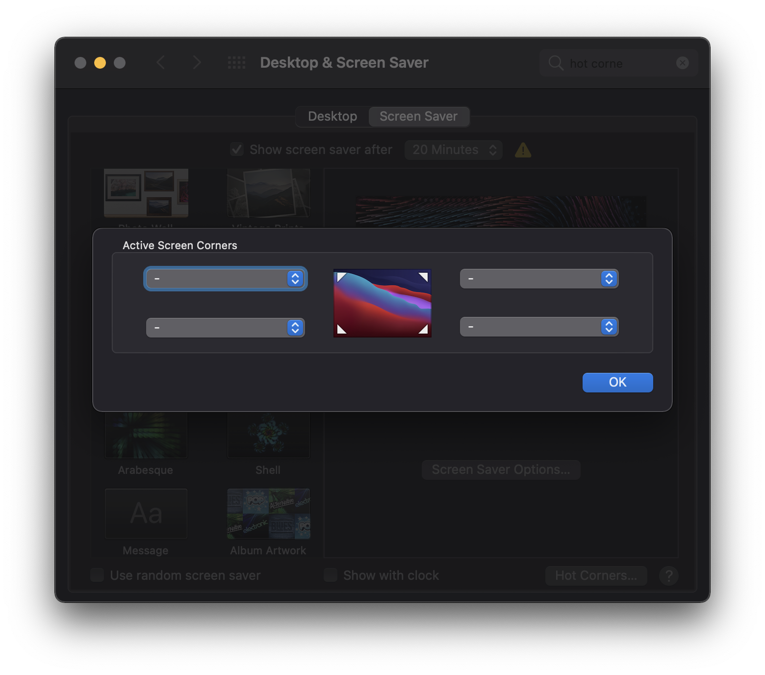 Mac Hot Corners Dialog Box